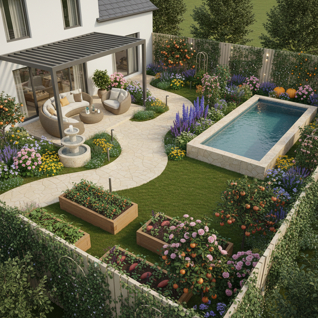 Resort-Style Pool Garden Design with Curved Pathways - AI Visualization ...